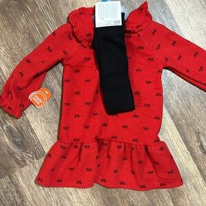 2pc Red Long Sleeve Dress with Bow Pattern and tights
